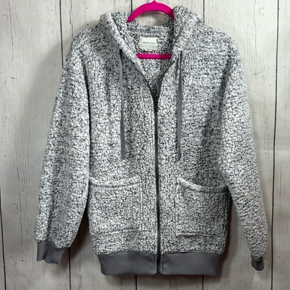 American Eagle Sherpa Fleece Zip Up Hoodie Jacket Gray Size XS Streetwear Cozy